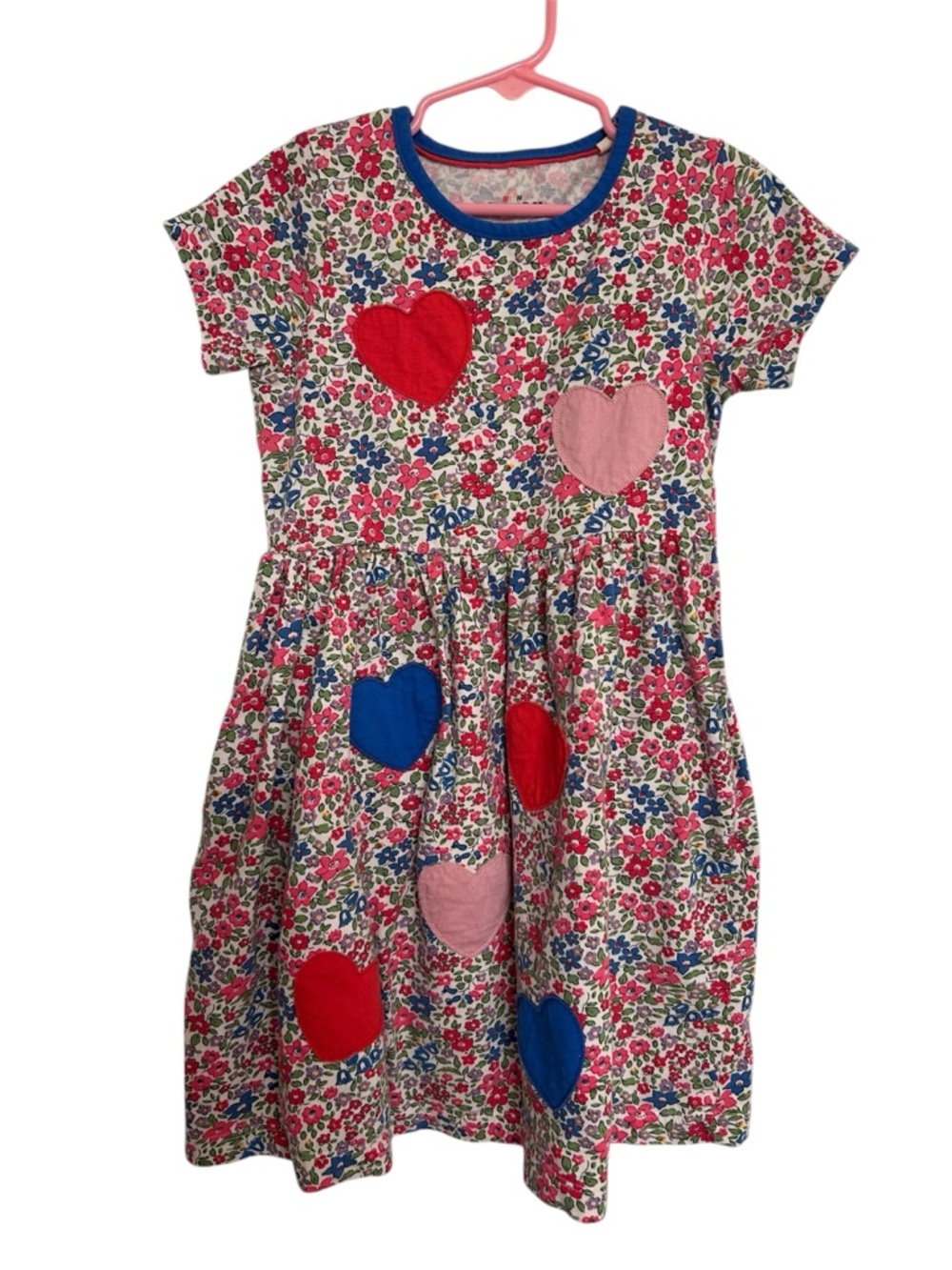 Mini Boden Short-Sleeve Floral Dress with Heart Patches